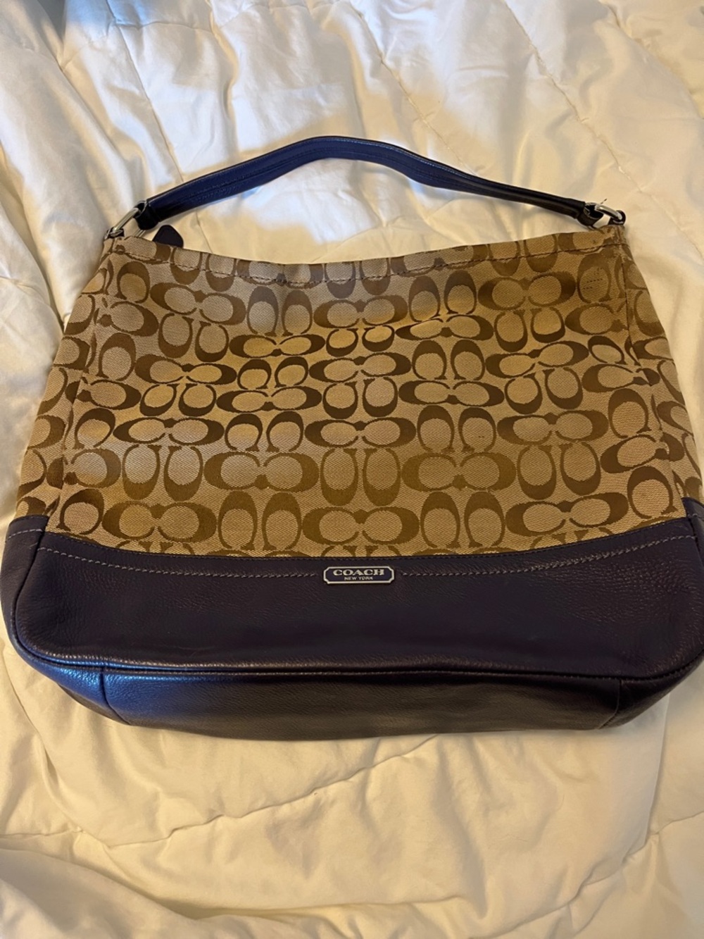 Coach Brown Signature Canvas Shoulder Bag with Dark Brown Leather Trim